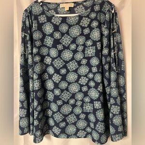 Michael Kors Navy and Green and White Mosaic Long-Sleeve peek-a-boo sleeve top